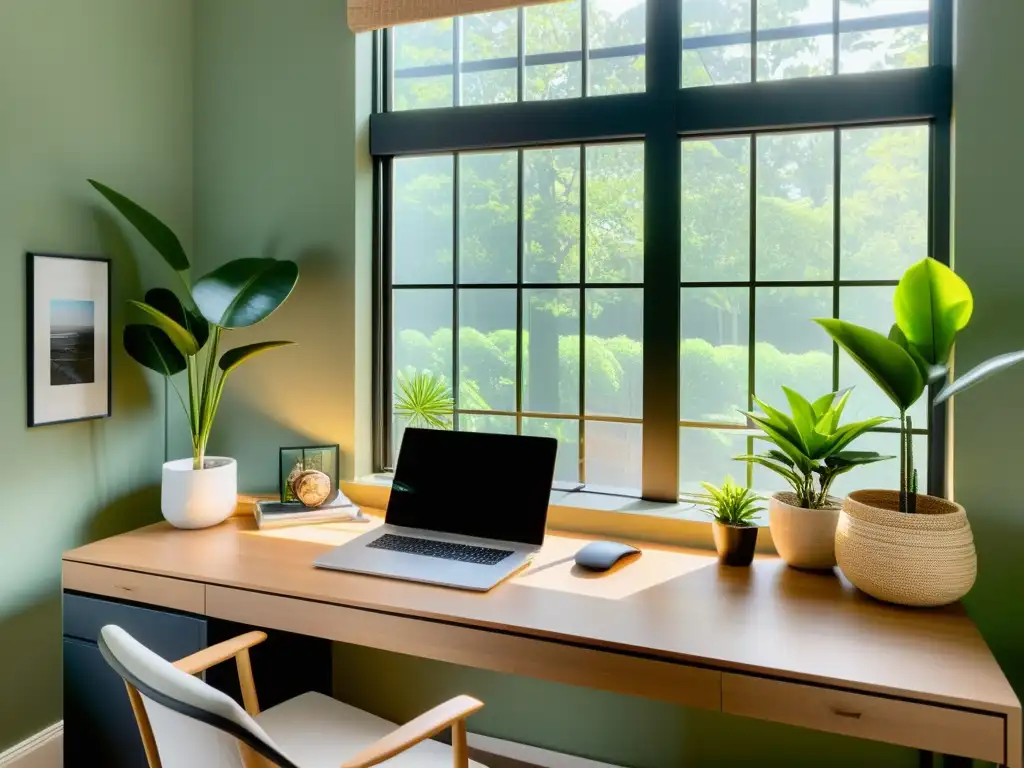 Un espacio de oficina en casa minimalista y armonioso, con escritorio despejado, luz natural y elementos decorativos cuidadosamente seleccionados