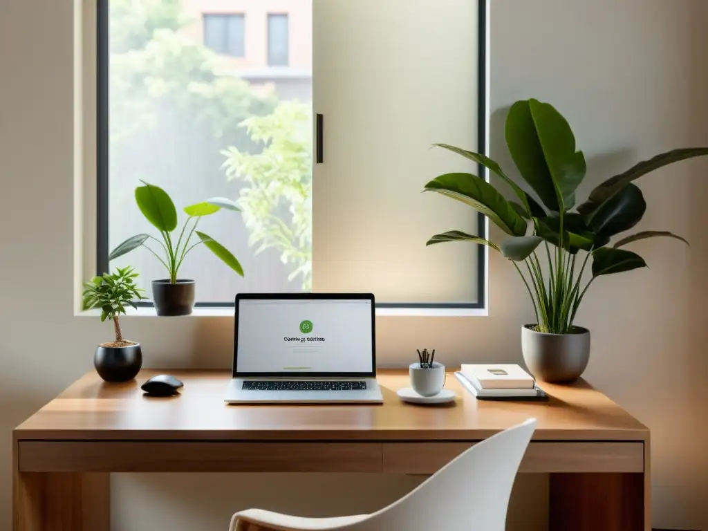 Un espacio de oficina en casa minimalista con escritorio de madera y elementos Feng Shui para teletrabajo en casa, iluminado por luz natural