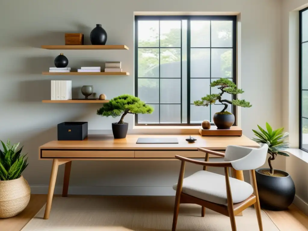 Un espacio de oficina en casa minimalista, equilibrado y sereno, con elementos de Feng Shui para home office