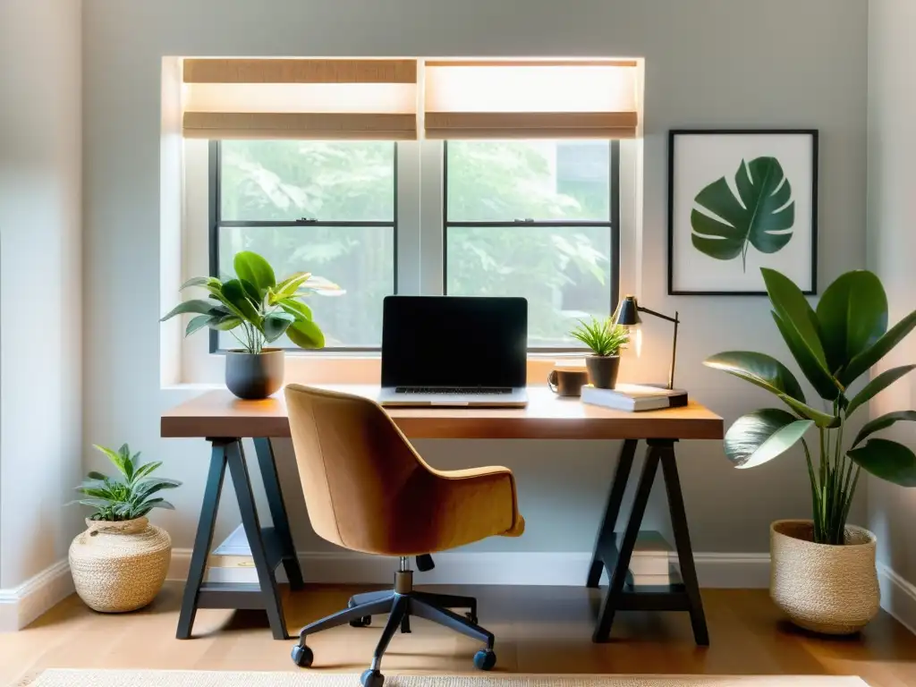 Un espacio de oficina en casa sereno y equilibrado con elementos de Feng Shui para home office, creando armonía y productividad