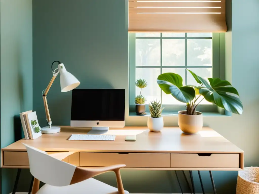 Un espacio de oficina en casa sereno y minimalista, con un escritorio despejado, decoración cuidadosamente seleccionada y mucha luz natural