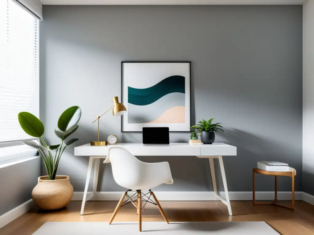 Un espacio de oficina en casa tranquilo y minimalista con escritorio blanco frente a una ventana, iluminado por luz natural