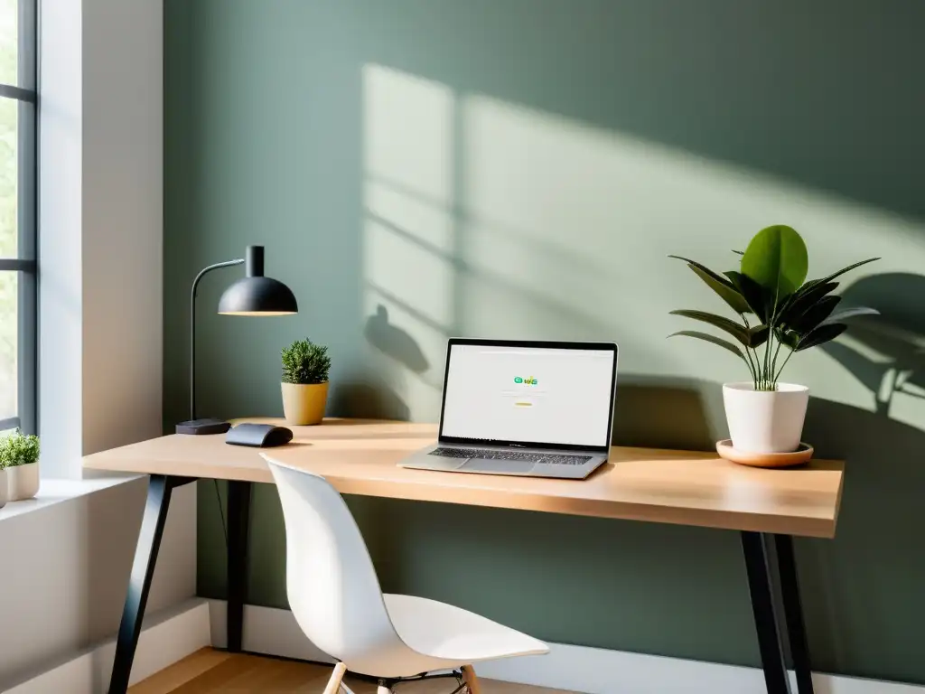 Un espacio de oficina en casa Feng Shui, con un escritorio minimalista junto a una ventana grande que inunda la habitación de luz natural