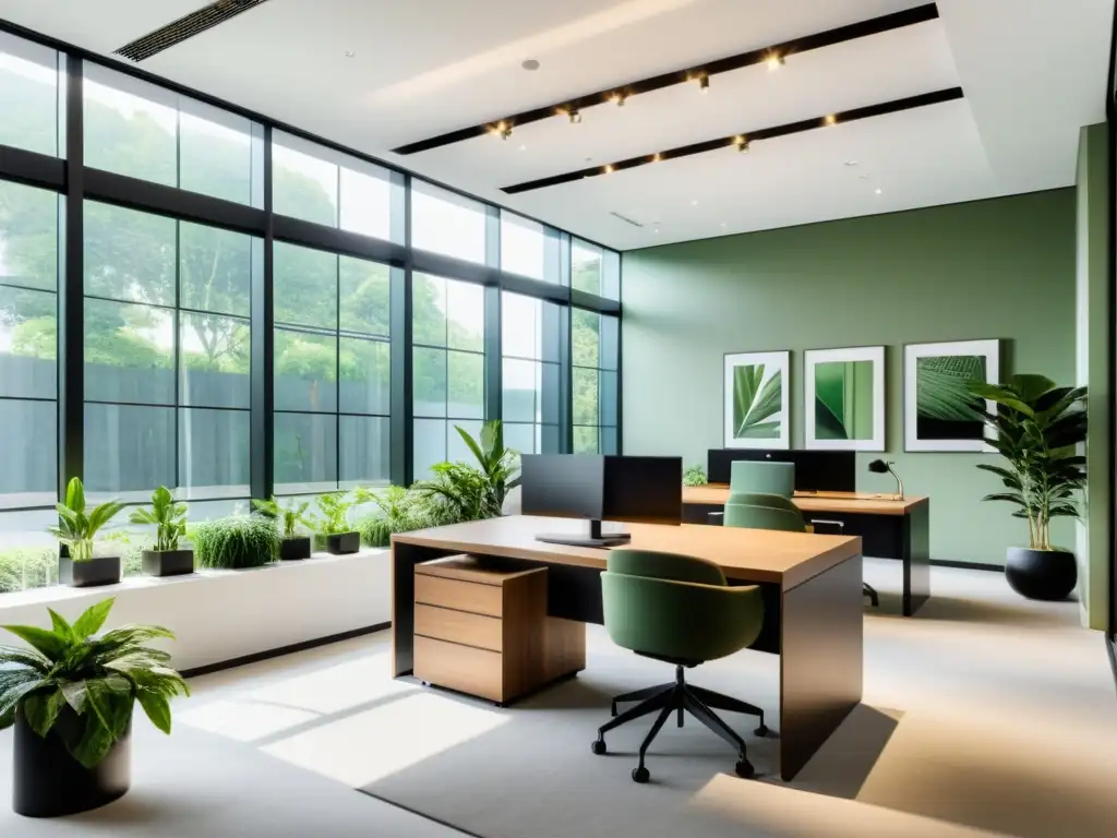 Un espacio de oficina espacioso y luminoso con diseño minimalista y elementos de Feng Shui para oficinas laborales