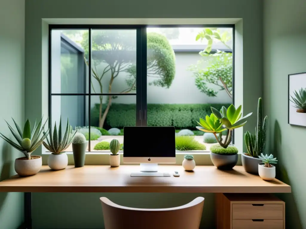 Un espacio de oficina minimalista con un amplio escritorio cerca de una ventana con vista a un jardín tranquilo