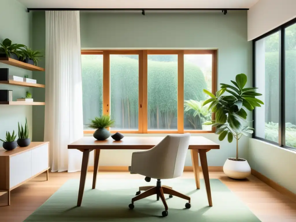 Espacio de oficina minimalista con armonía Feng Shui y diseño consciente, con vistas a un jardín sereno y una decoración natural