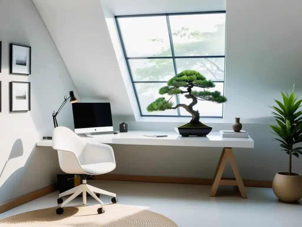 Un espacio de oficina minimalista con diseño ergonómico y elementos de Feng Shui, transmite armonía y equilibrio