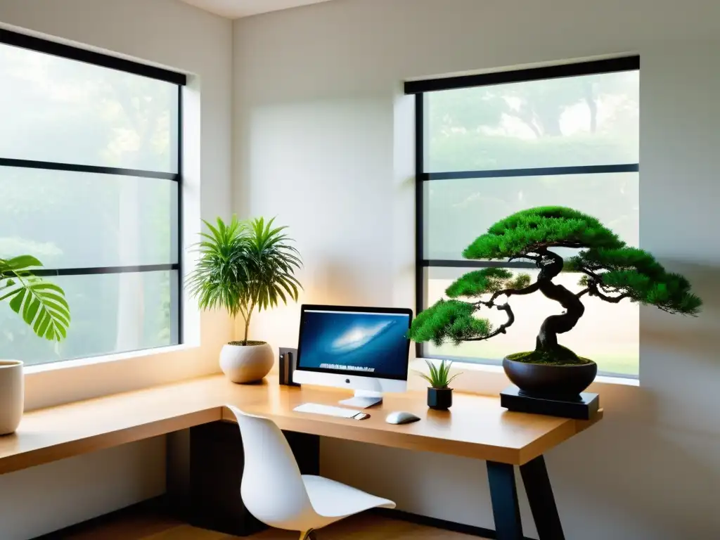 Espacio de oficina minimalista con elementos de Feng Shui para aumentar la productividad y crear armonía