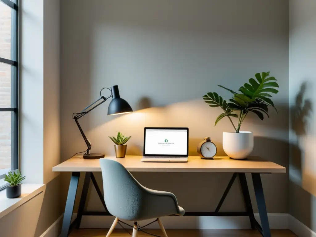 Un espacio de oficina minimalista con escritorio despejado, decoración armoniosa y ambiente laboral productivo Feng Shui