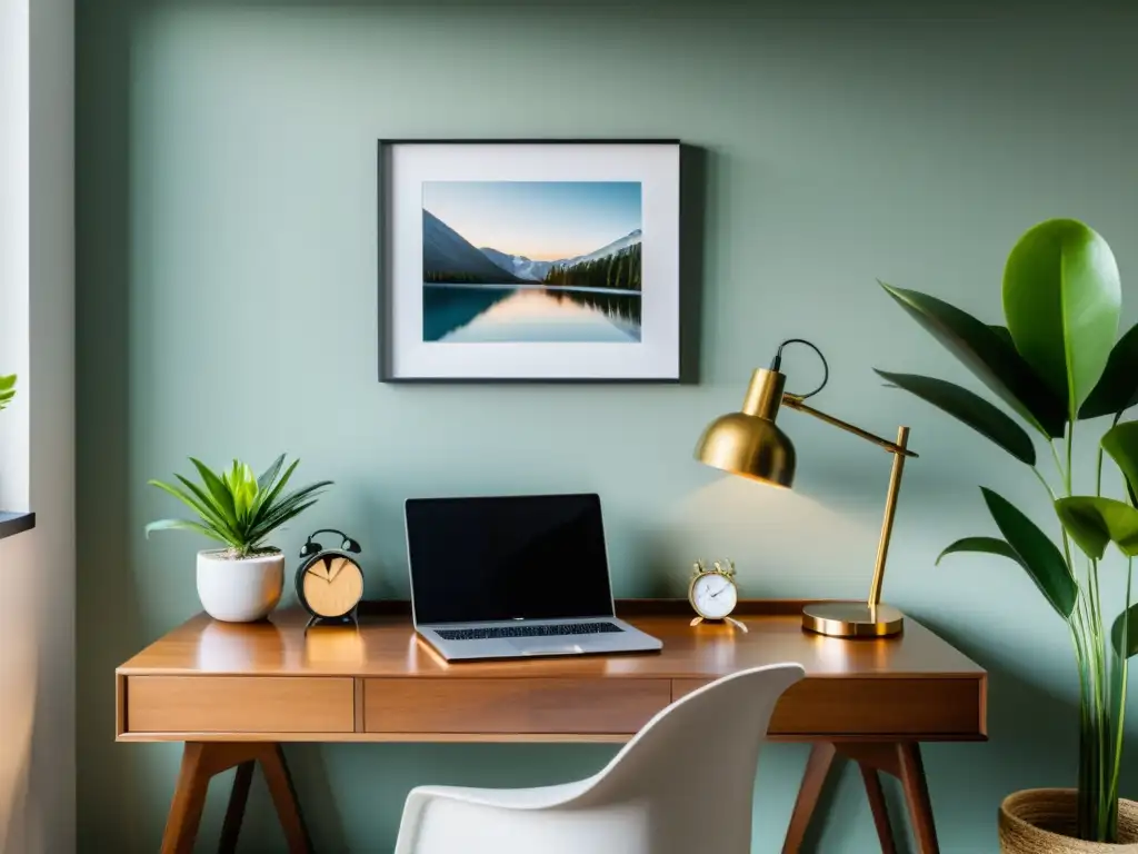 Un espacio de oficina minimalista con un escritorio de madera en la posición de comando según el Feng Shui