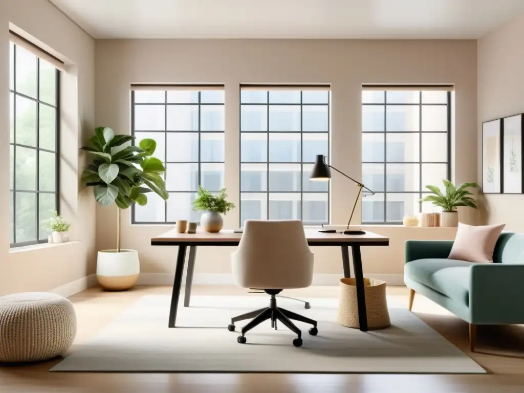 Espacio de oficina minimalista con luz natural, escritorio despejado, decoración armoniosa y Feng Shui para productividad