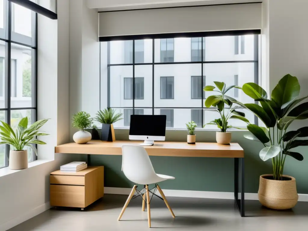 Un espacio de oficina minimalista con luz natural y elementos de Feng Shui para comunicación efectiva