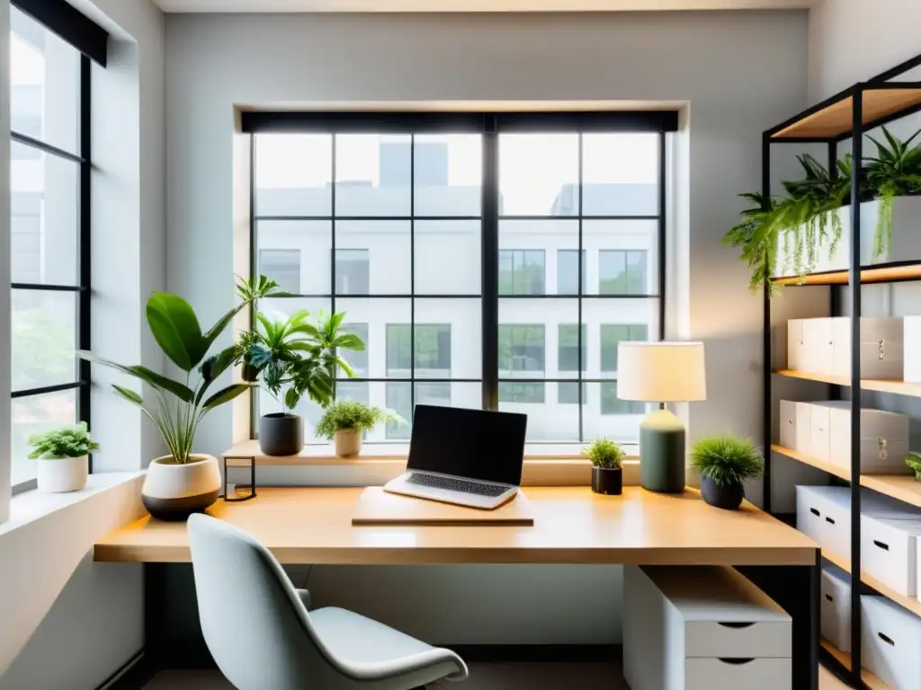 Un espacio de oficina minimalista con luz natural y decoración Feng Shui para aumentar productividad