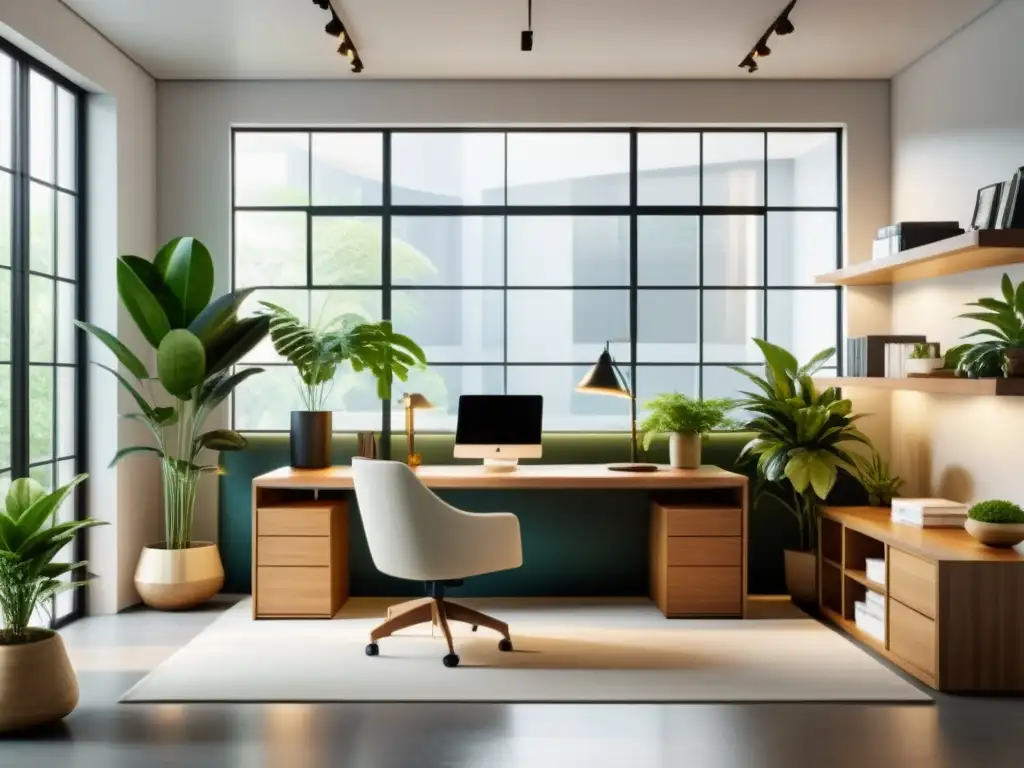 Espacio de oficina minimalista con luz natural, plantas, muebles de madera y equilibrio según principios de Feng Shui