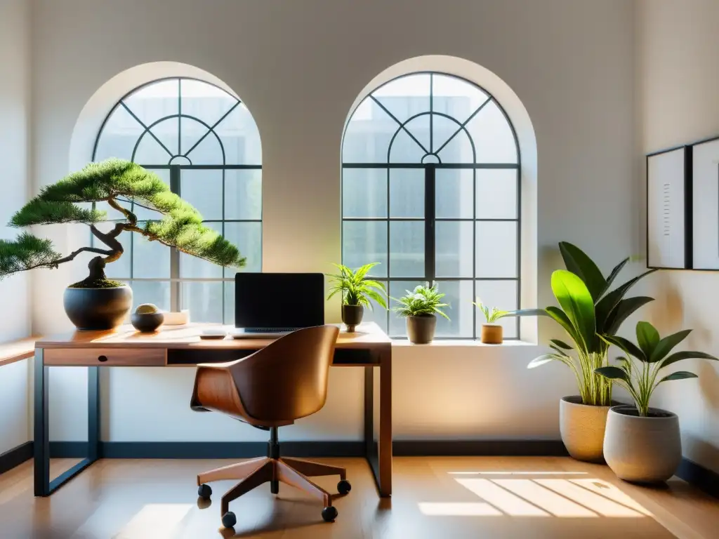 Espacio de oficina minimalista con diseño Feng Shui, mobiliario armonioso y equilibrado, inundado de luz natural para crear serenidad y calma