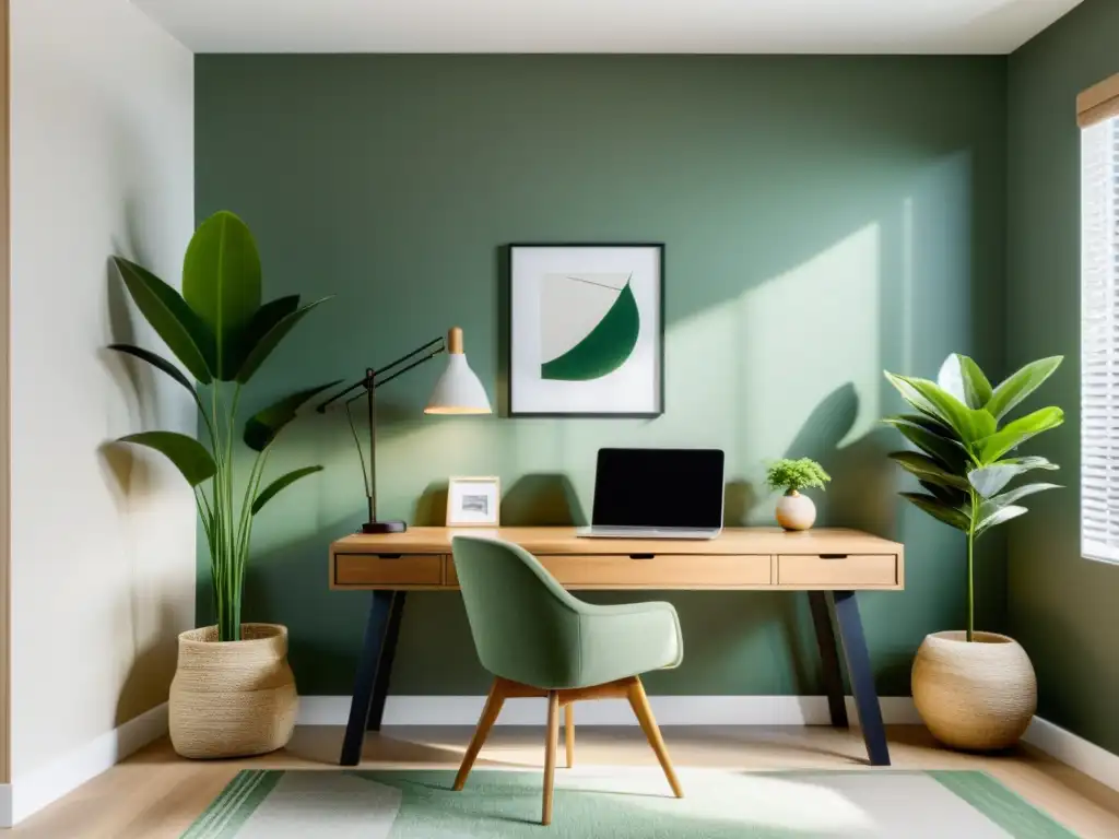 Un espacio de oficina minimalista con diseño Feng Shui para diseño oficina, equilibrado y sereno, con plantas y luz natural