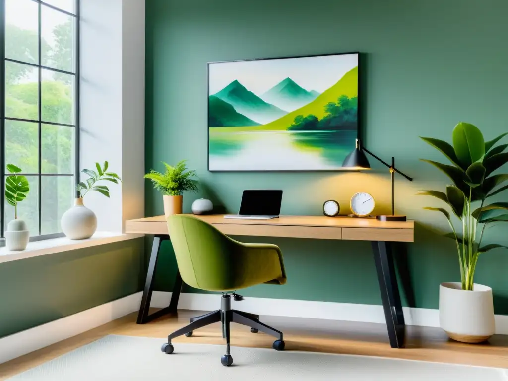 Un espacio de oficina minimalista con decoración Feng Shui en la oficina, muebles elegantes y plantas verdes vibrantes