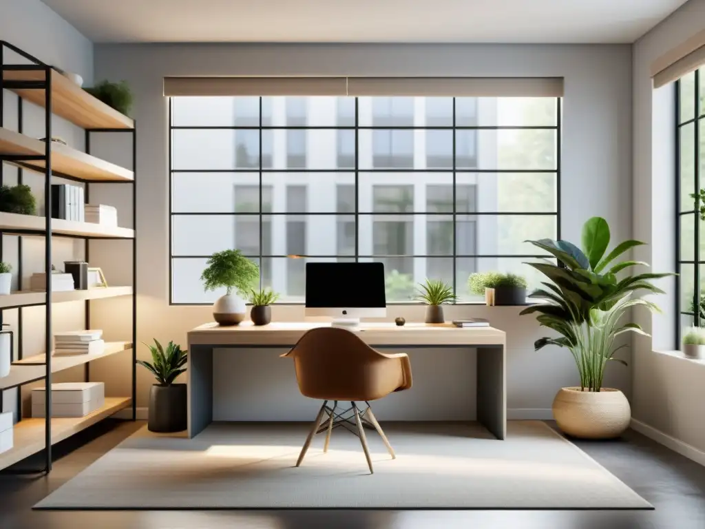 Espacio de oficina minimalista para mejorar productividad con Feng Shui: escritorio despejado, plantas y luz natural