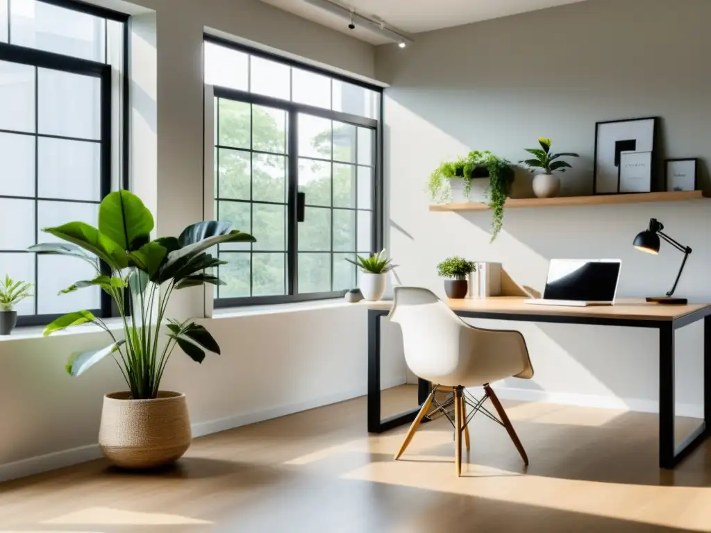 Un espacio de oficina minimalista y sereno armonizado con Feng Shui