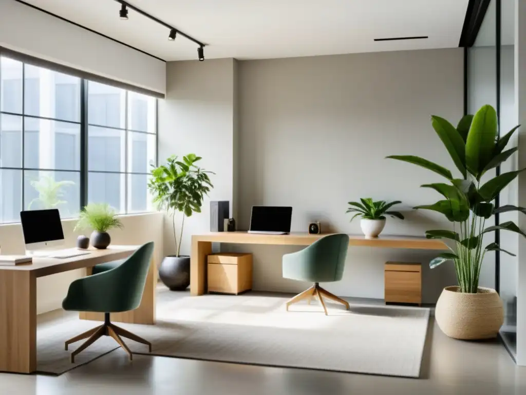 Espacio de oficina con diseño minimalista y Feng Shui en tonos neutrales, mobiliario moderno y luz natural