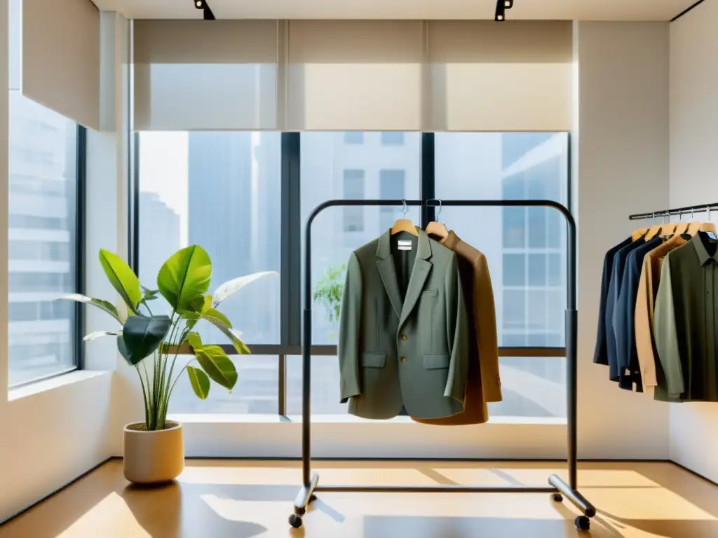 Un espacio de oficina minimalista con uniformes laborales inspirados en Feng Shui colgados en elegantes percheros