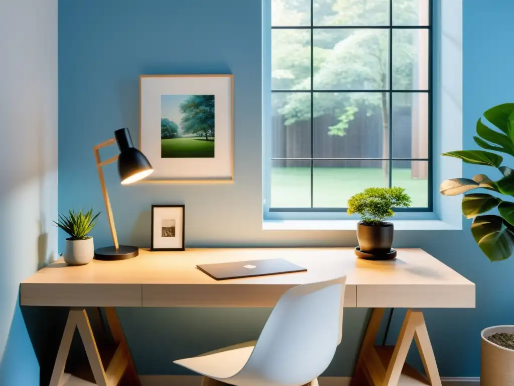 Espacio de oficina minimalista con vista a un jardín tranquilo, armonizado con Feng Shui para armonizar espacio trabajo