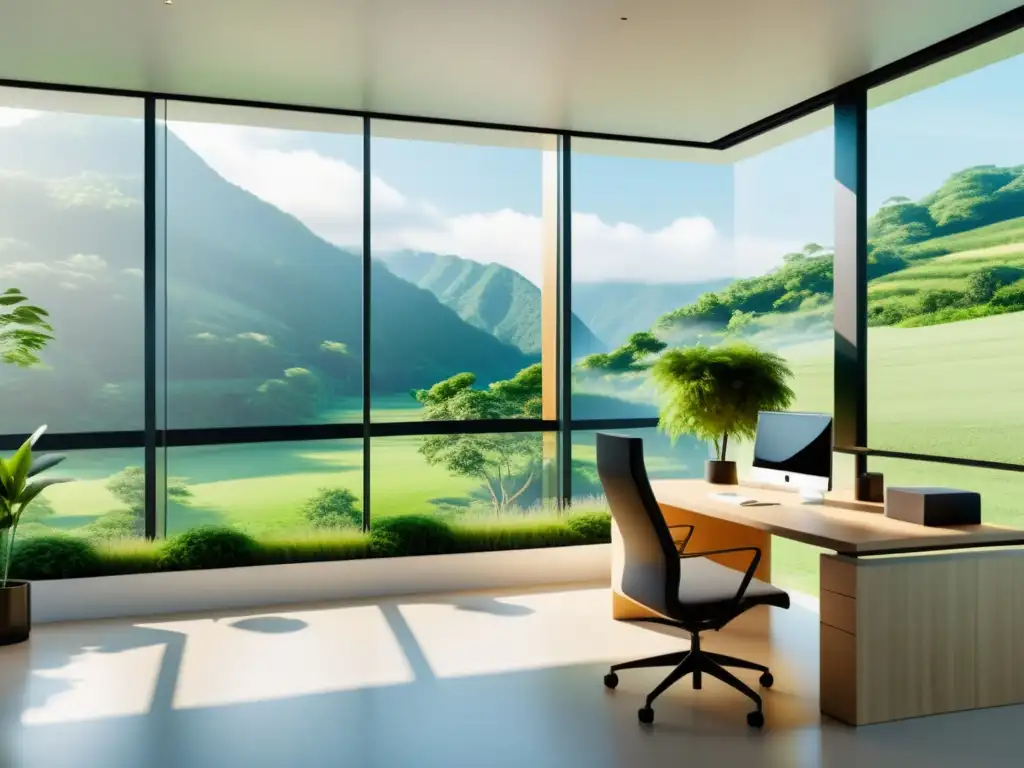 Un espacio de oficina minimalista con vistas a un paisaje verde y muebles ecoamigables, según el Feng Shui para espacios de trabajo