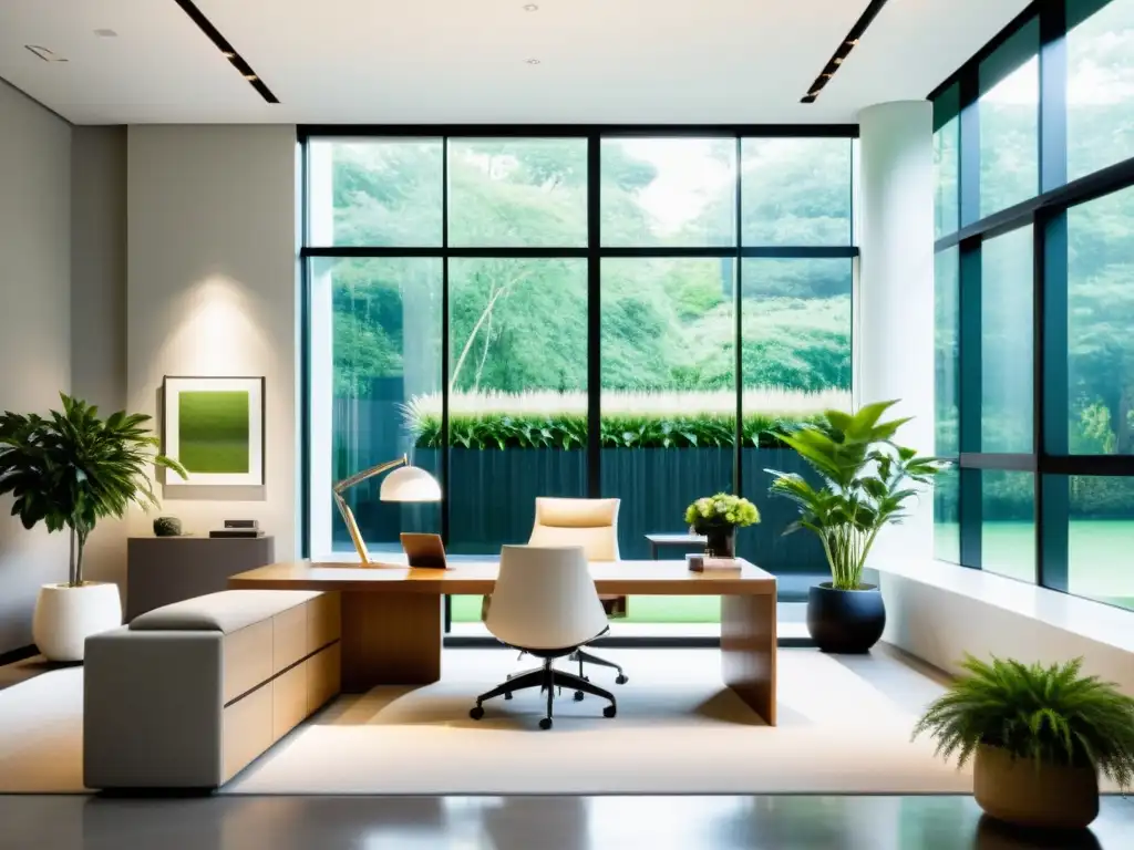 Un espacio de oficina minimalista con vistas a un jardín sereno, líneas limpias, tonos neutros y elementos de Feng Shui