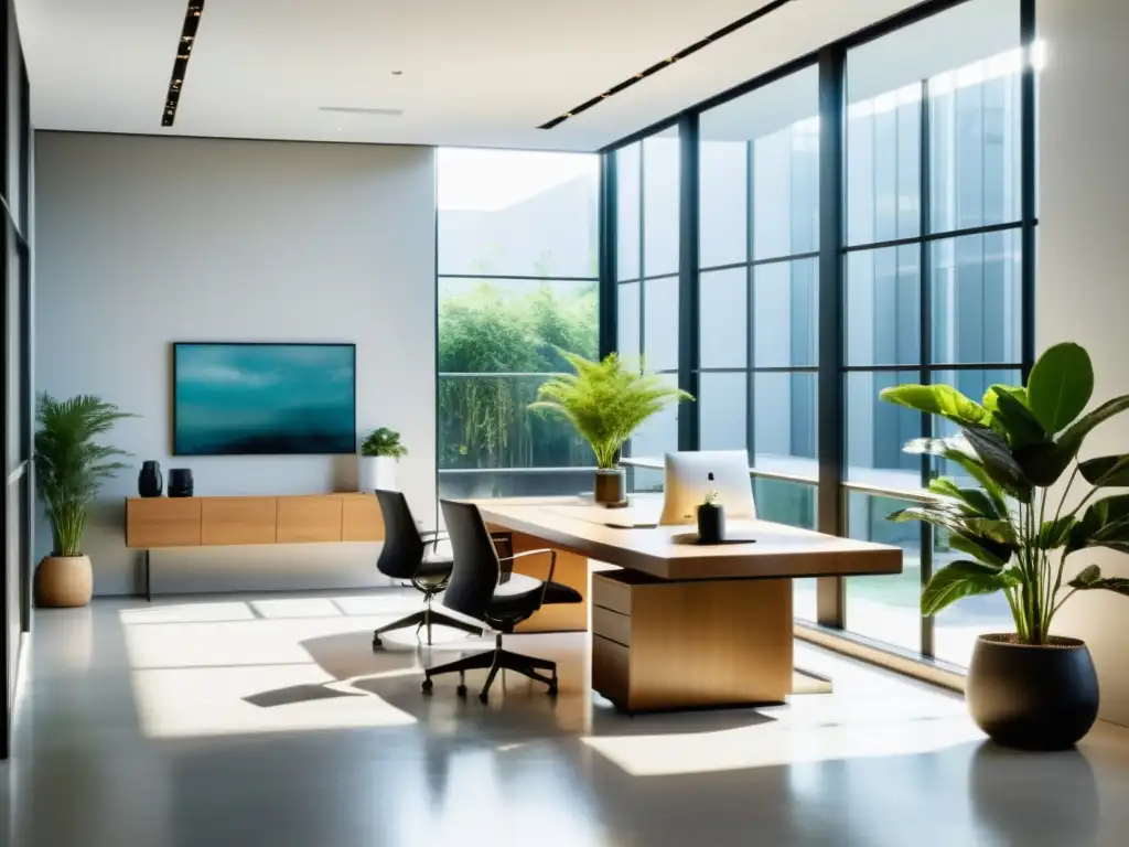 Un espacio de oficina moderno y abierto, con luz natural y decoración minimalista que sigue los principios de Feng Shui para motivación en trabajo