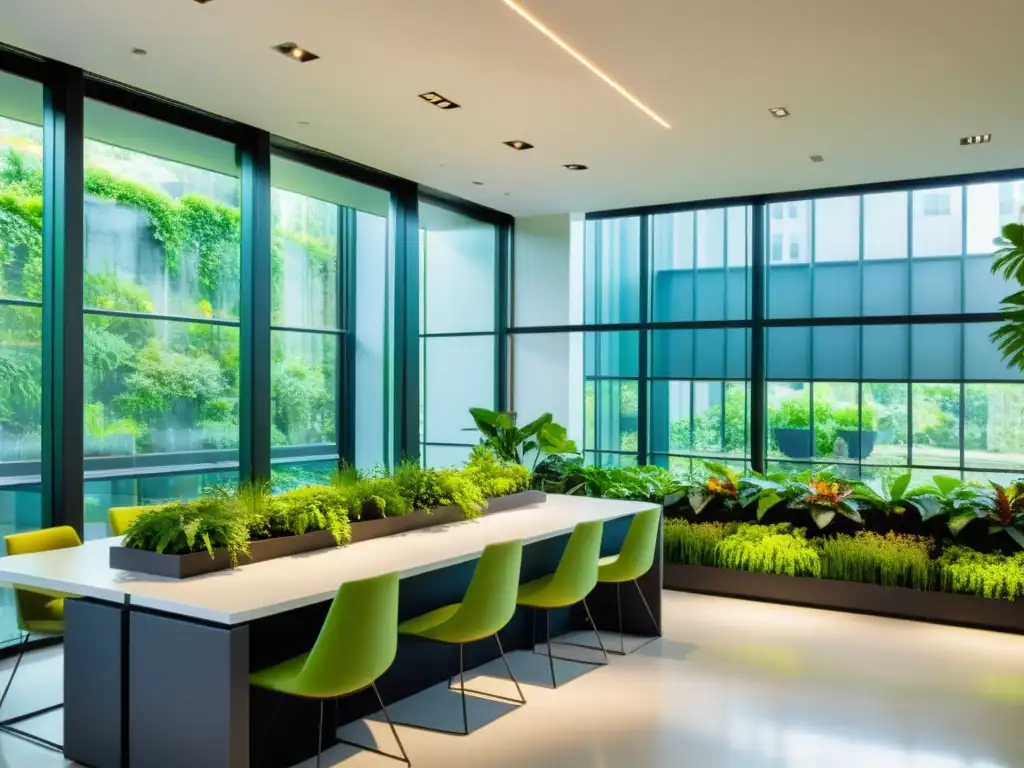 Espacio de oficina moderno con plantas para prosperidad en negocios y vistas a un exuberante jardín interior