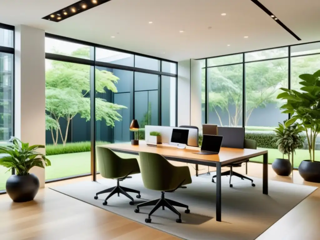 Espacio de oficina moderno con vista a jardín, muebles minimalistas y elementos de Feng Shui para armonía y productividad