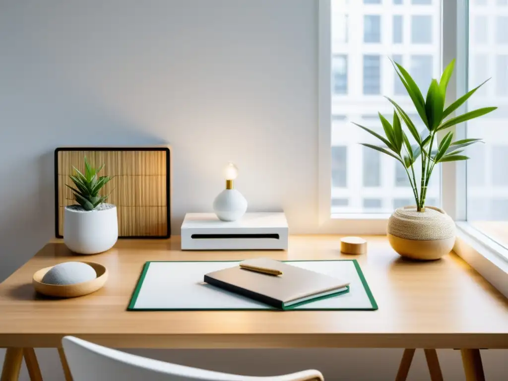 Espacio de oficina ordenado con escritorio moderno y elementos Feng Shui