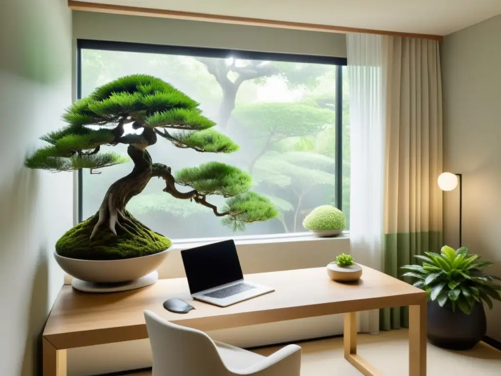 Espacio de oficina sereno con elementos de Feng Shui para productividad, vista a jardín exuberante y escritorio minimalista