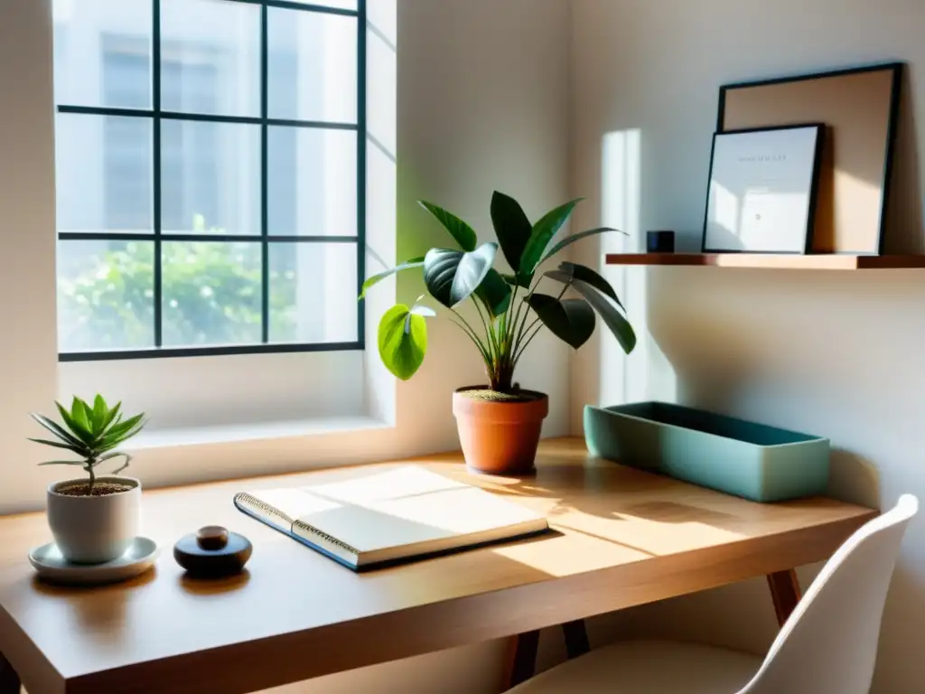 Un espacio de oficina sereno con un escritorio minimalista en el centro, decorado con elementos de Feng Shui