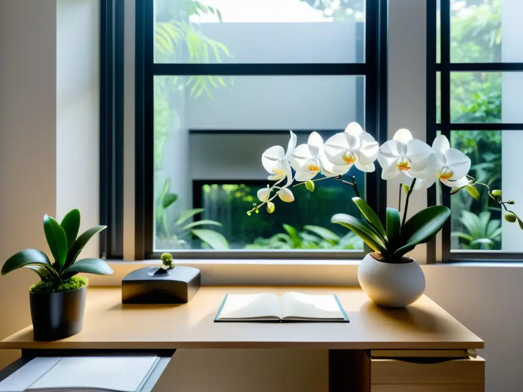 Espacio de oficina sereno y minimalista con vista a un jardín tranquilo