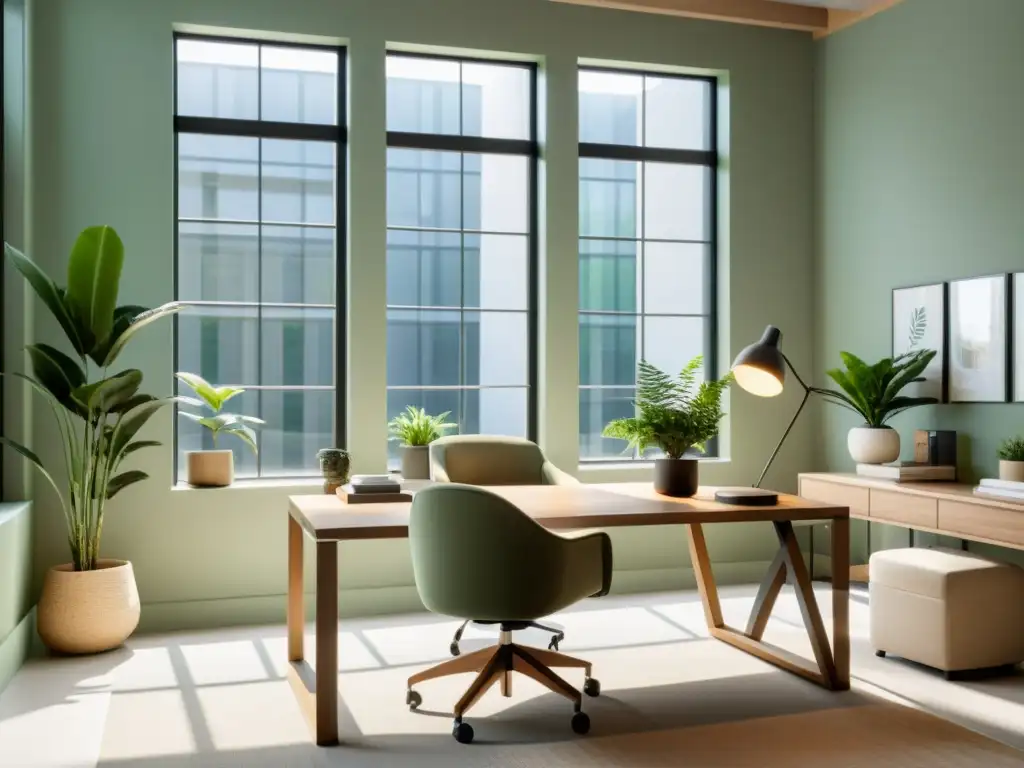 Un espacio de oficina sereno y minimalista, con equilibrio y armonía, ideal para aplicar el Feng Shui para armonizar espacio trabajo