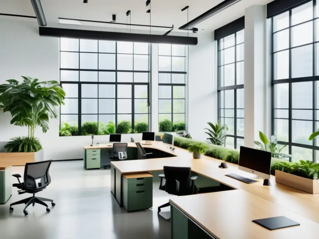 Un espacio de oficina sereno y minimalista con luz natural que entra por grandes ventanas