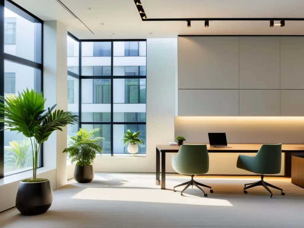 Espacio de oficina sereno y minimalista con mobiliario moderno, luz natural y arte inspirado en Feng Shui, ideal para trabajo en equipo en armonía