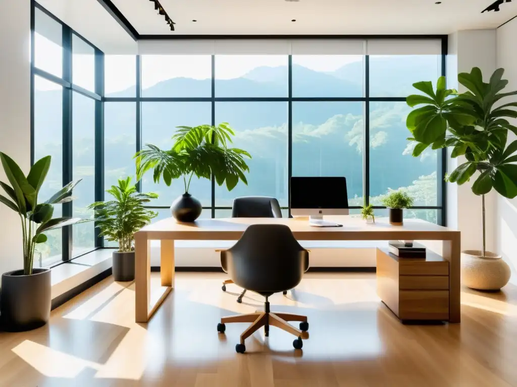 Un espacio de oficina sereno y minimalista con muebles de madera natural, plantas y luz natural, fusionando Feng Shui en arquitectura sostenible