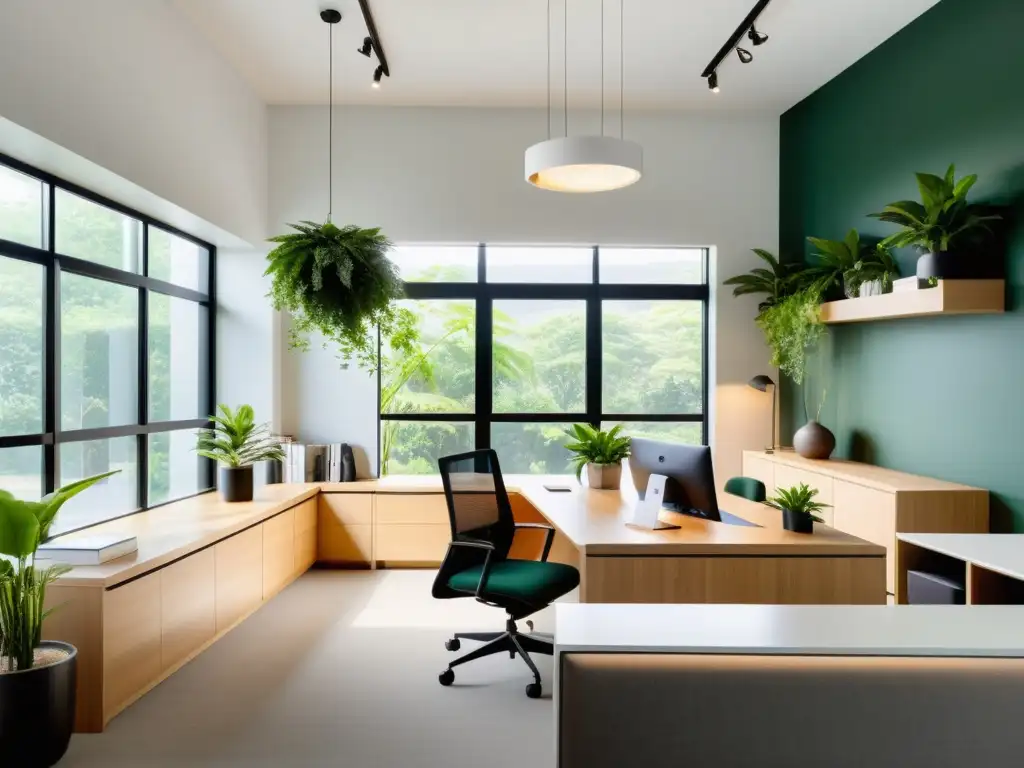 Un espacio de oficina sereno y minimalista con plantas verdes exuberantes, luz natural y equilibrio de Feng Shui para espacios verdes