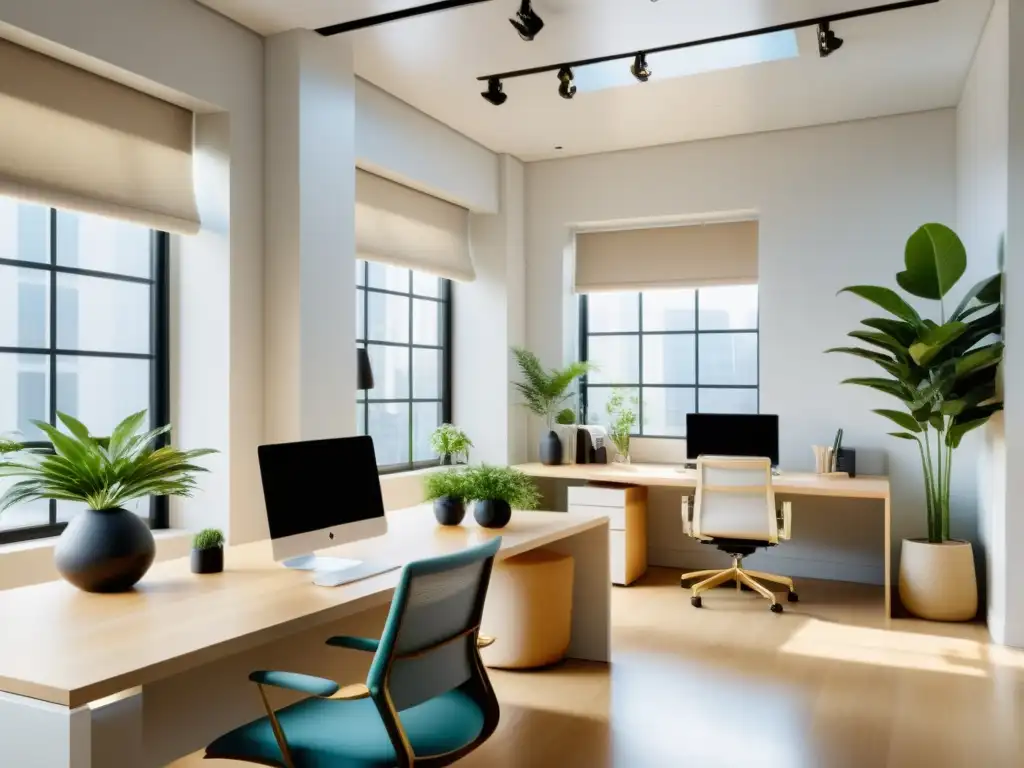 Un espacio de oficina sereno y minimalista con luz natural y elementos de Feng Shui para oficinas compartidas creativas