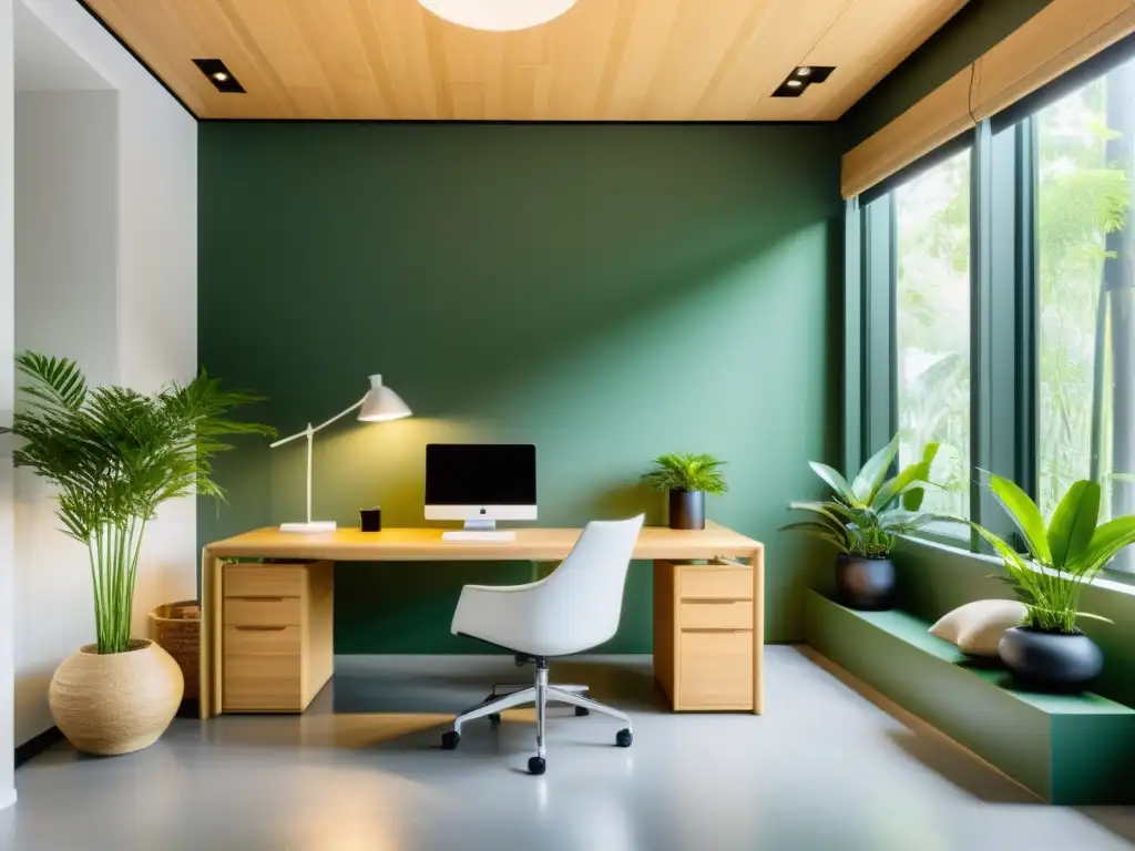 Un espacio de oficina sereno y minimalista, con diseño sostenible y elementos de Feng Shui para espacios de trabajo