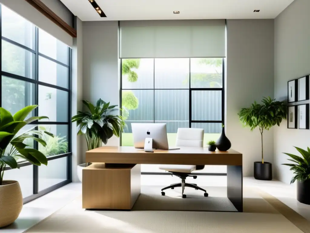 Un espacio de oficina sereno y minimalista con muebles modernos, luz natural y elementos de feng shui en un edificio contemporáneo