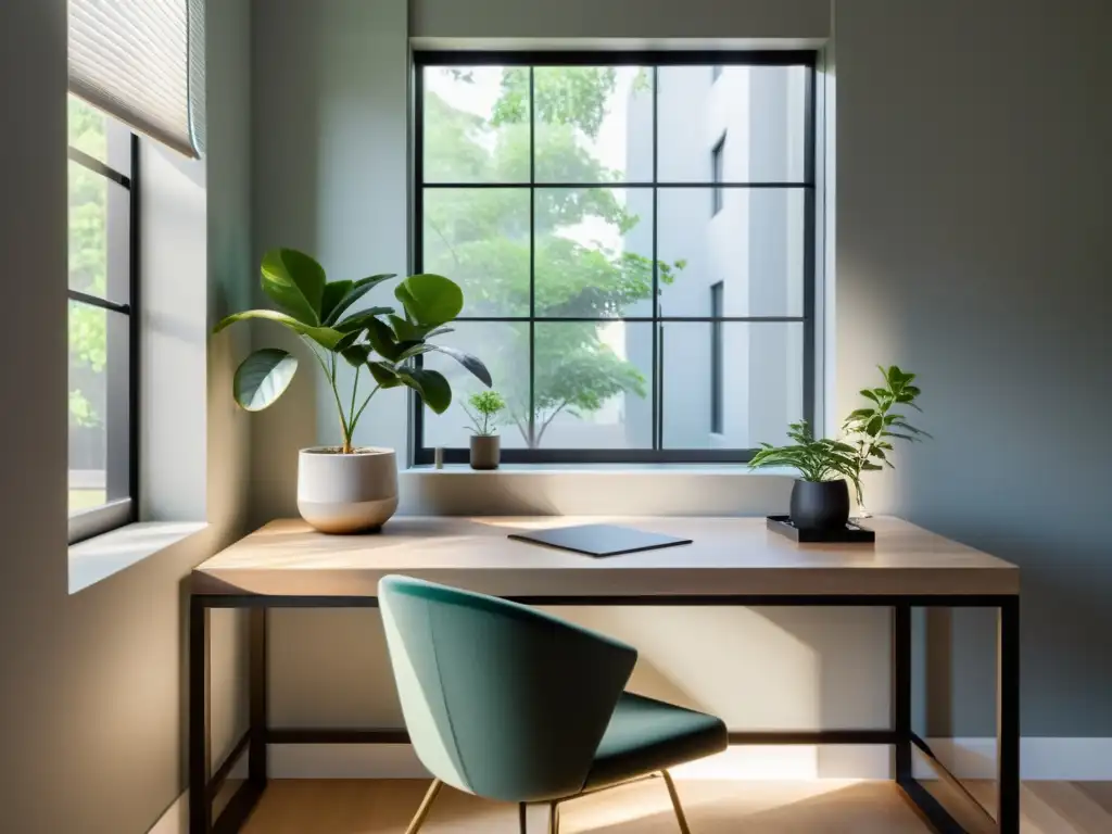 Un espacio de oficina tranquilo con un escritorio minimalista, una pequeña planta en maceta y una fuente de agua