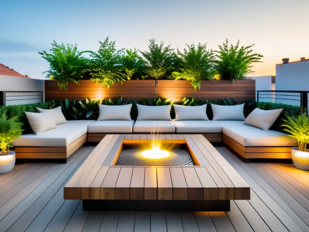 Espacio de Poder con Feng Shui: Terraza minimalista con deck de madera, plantas verdes, fuente y mobiliario moderno, rodeado de calma y armonía