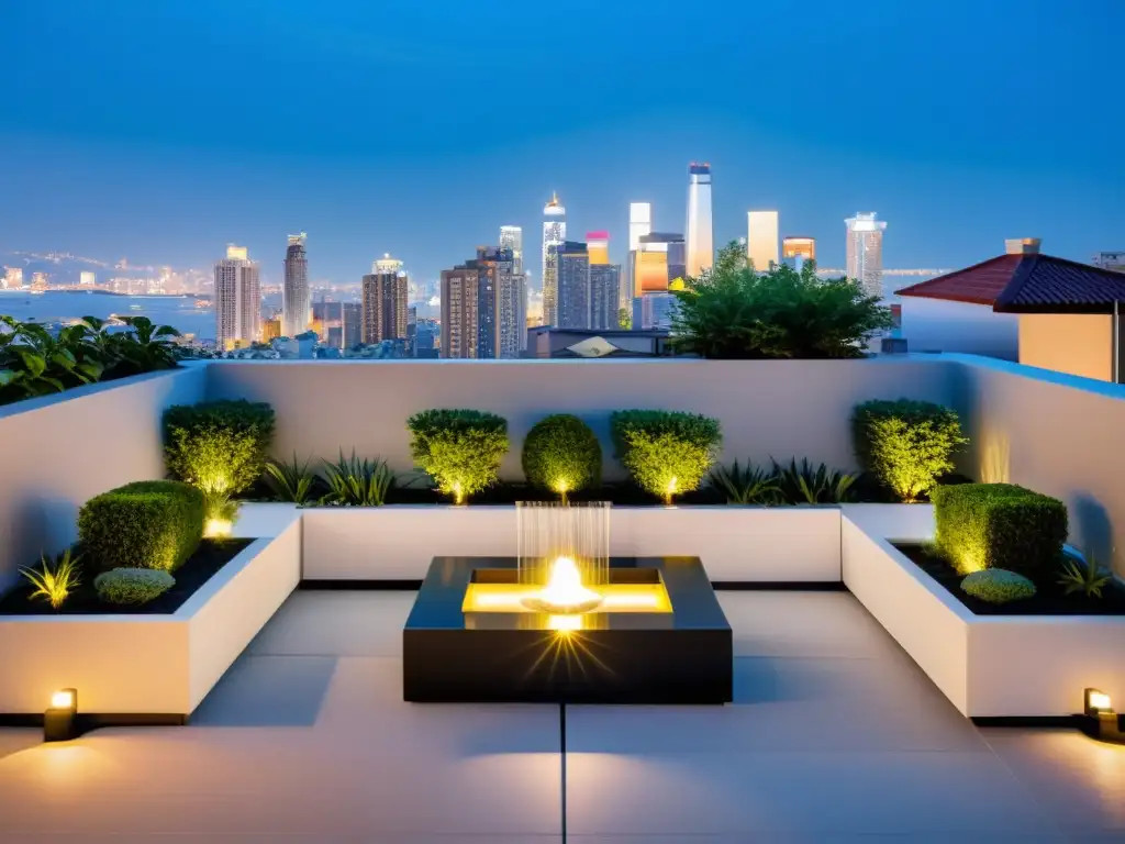 Espacio de Poder con Feng Shui: Terraza minimalista con mobiliario armonioso, fuente, vegetación exuberante y ciudad al fondo