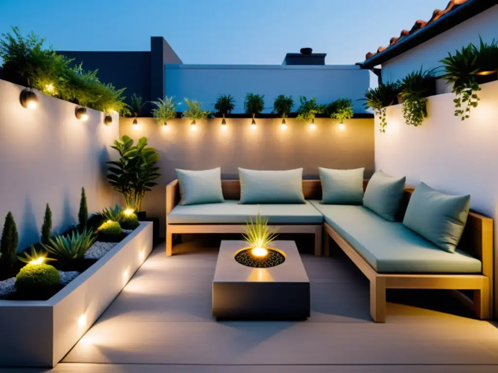 Espacio de Poder con Feng Shui: Terraza minimalista con plantas, agua y asientos cómodos, brindando serenidad y armonía