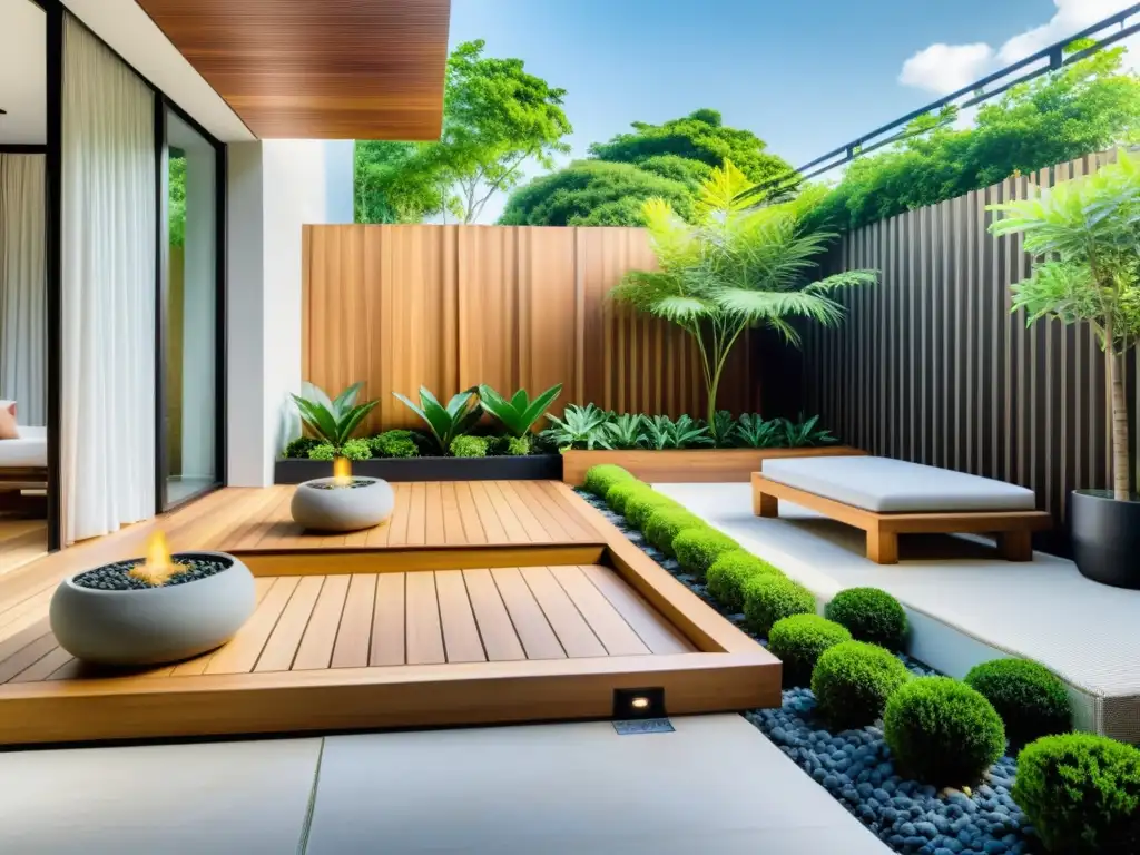 Espacio de poder con Feng Shui: terraza serena y minimalista con elementos de diseño armonioso y naturaleza exuberante