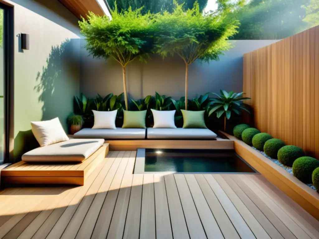 Espacio de Poder con Feng Shui: Terraza serena con plantas verdes, luz suave y área de descanso acogedora