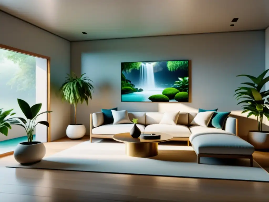 Un espacio de relajación en realidad virtual, con elementos de Feng Shui, luz suave y muebles modernos